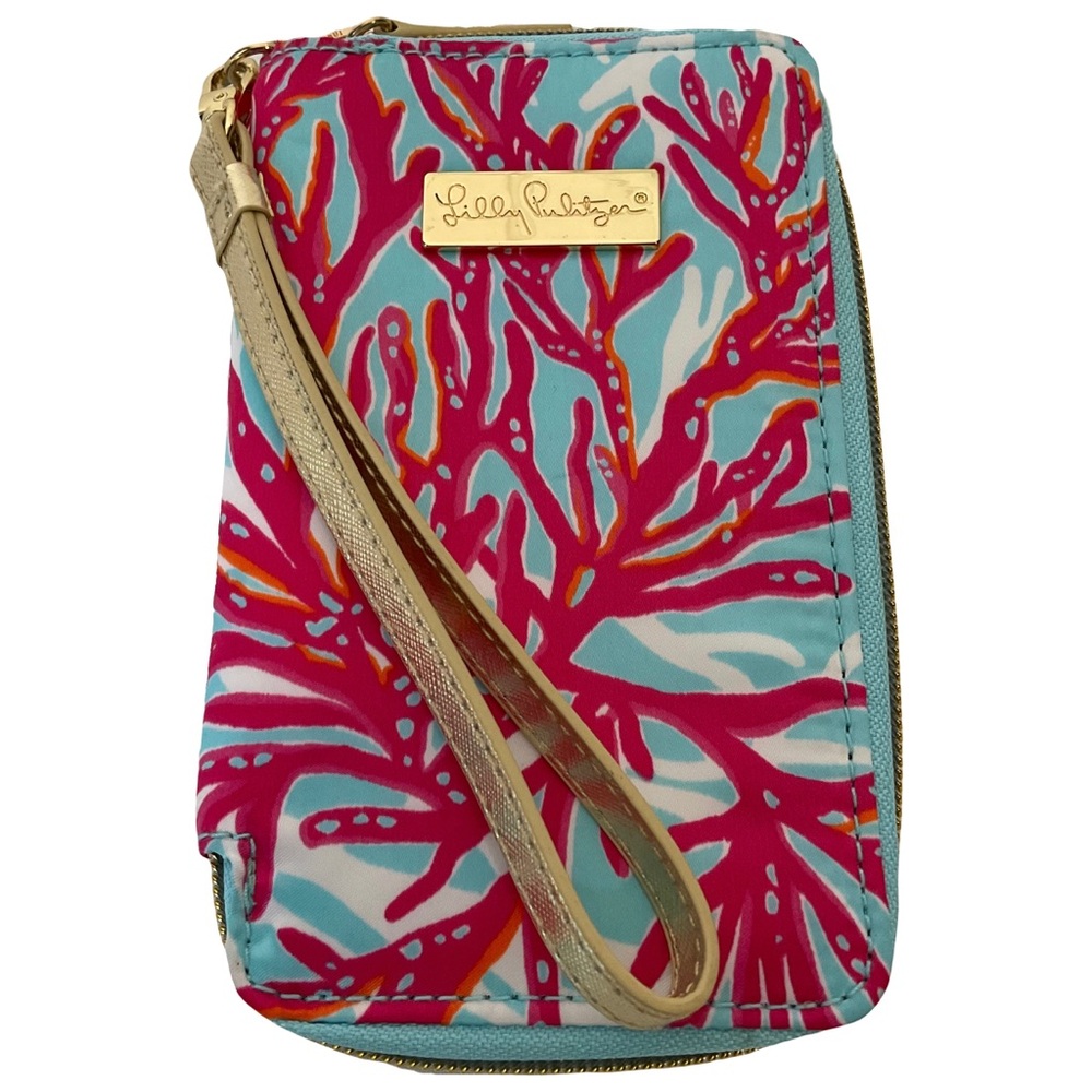 Lily Pulitzer Tiki Palm Design Wristlet Wallet Phone Case Pink Blue Zip Close